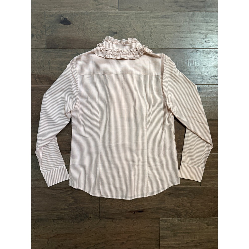J.Crew Womens Tan White Striped Ruffle Tuxedo Bib Cotton Blouse Shirt‎ Size 12 - Picture 3 of 5